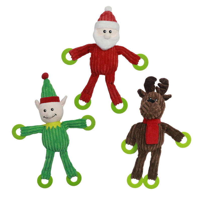 Christmas Rope Plush Chew Squeak Interactive Dog Toy Father Christmas Elf Reindeer set - 3pcs