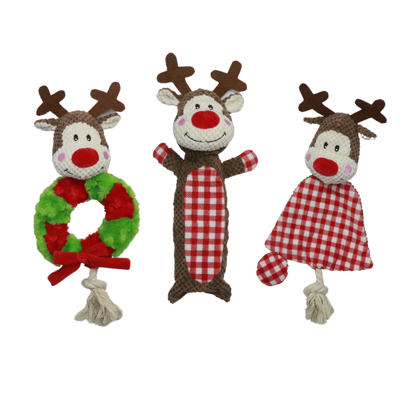 Christmas Rope Plush Chew Squeak Interactive Dog Toy Father Christmas Elf Reindeer set - 3pcs