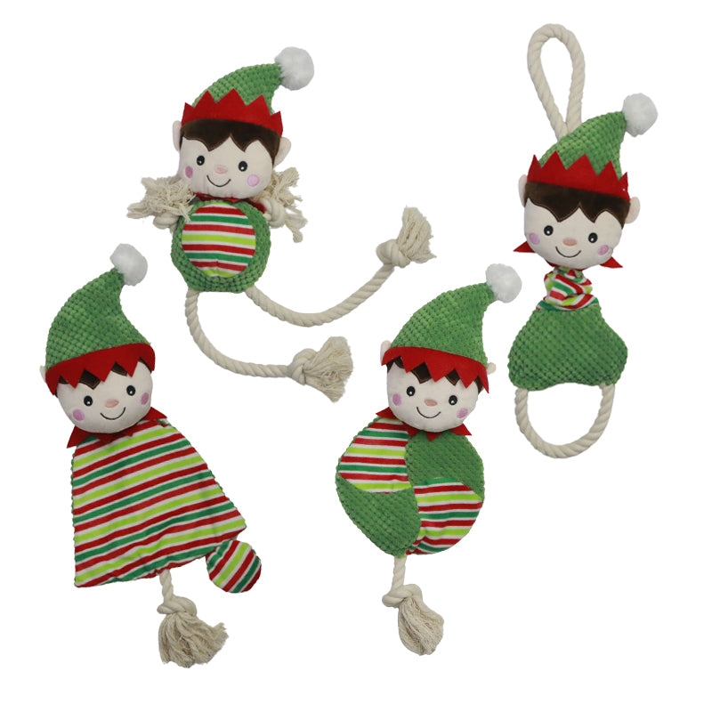 Christmas Rope Plush Chew Squeak Interactive Dog Toy Elf Reindeer Bear set - 4pcs