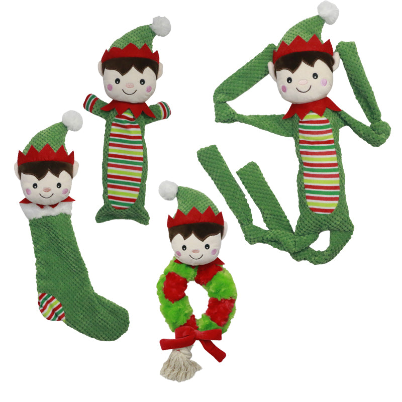 Christmas Rope Plush Chew Squeak Interactive Dog Toy Elf Reindeer Bear set - 4pcs