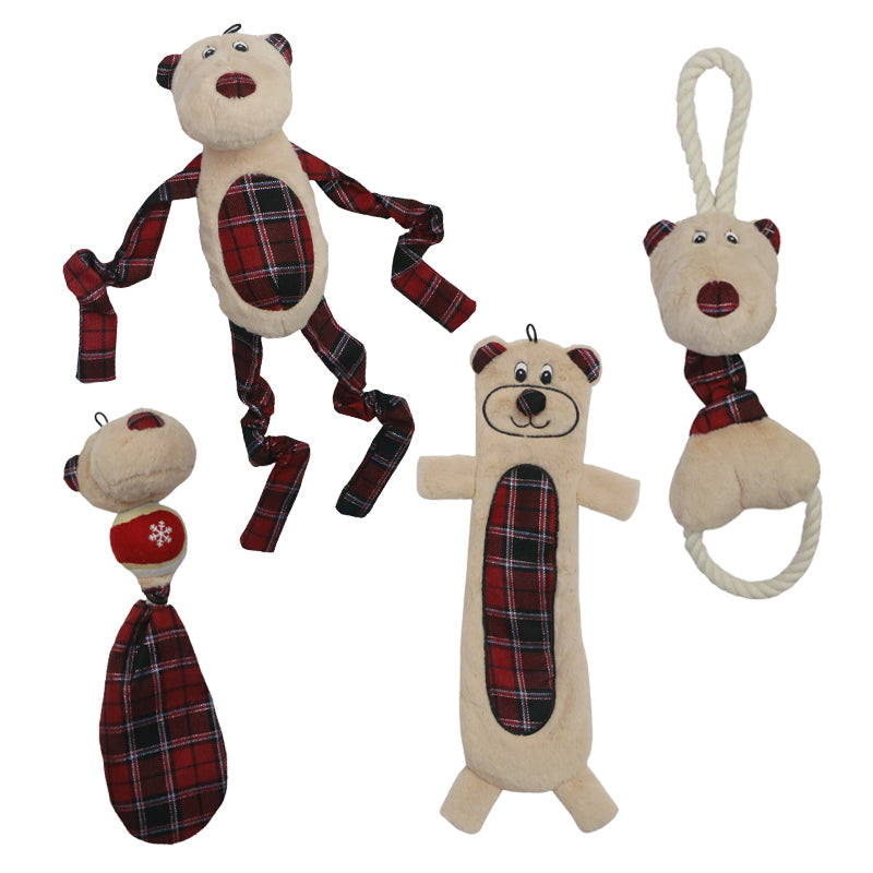 Christmas Rope Plush Chew Squeak Interactive Dog Toy Elf Reindeer Bear set - 4pcs