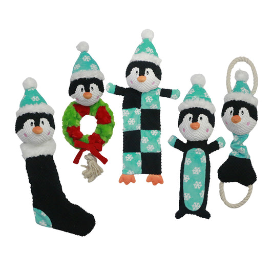 Christmas Rope Wreath Plush Chew Squeak Interactive Dog Toy Penguin set - 5pcs